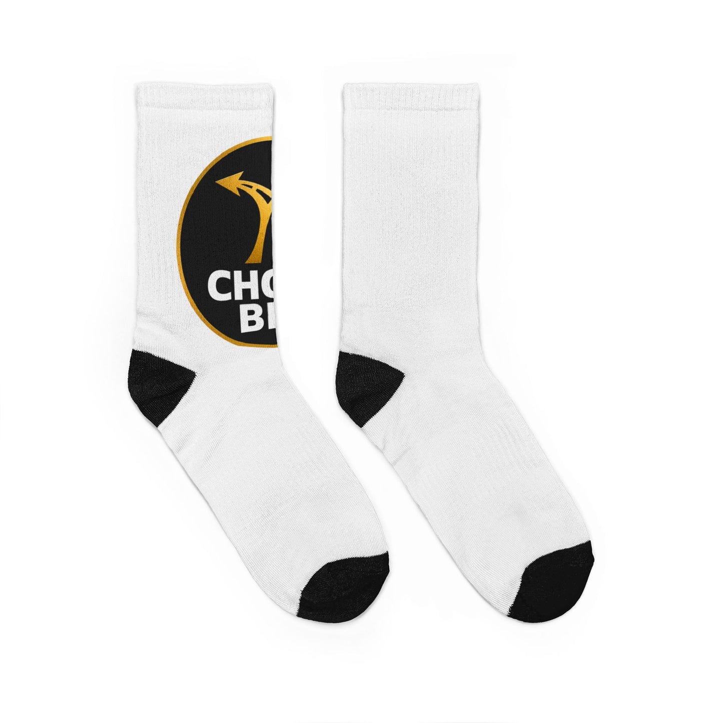 Choice Bro Logo Crew Socks — White Padded Crew Socks with Black Heel & Toe